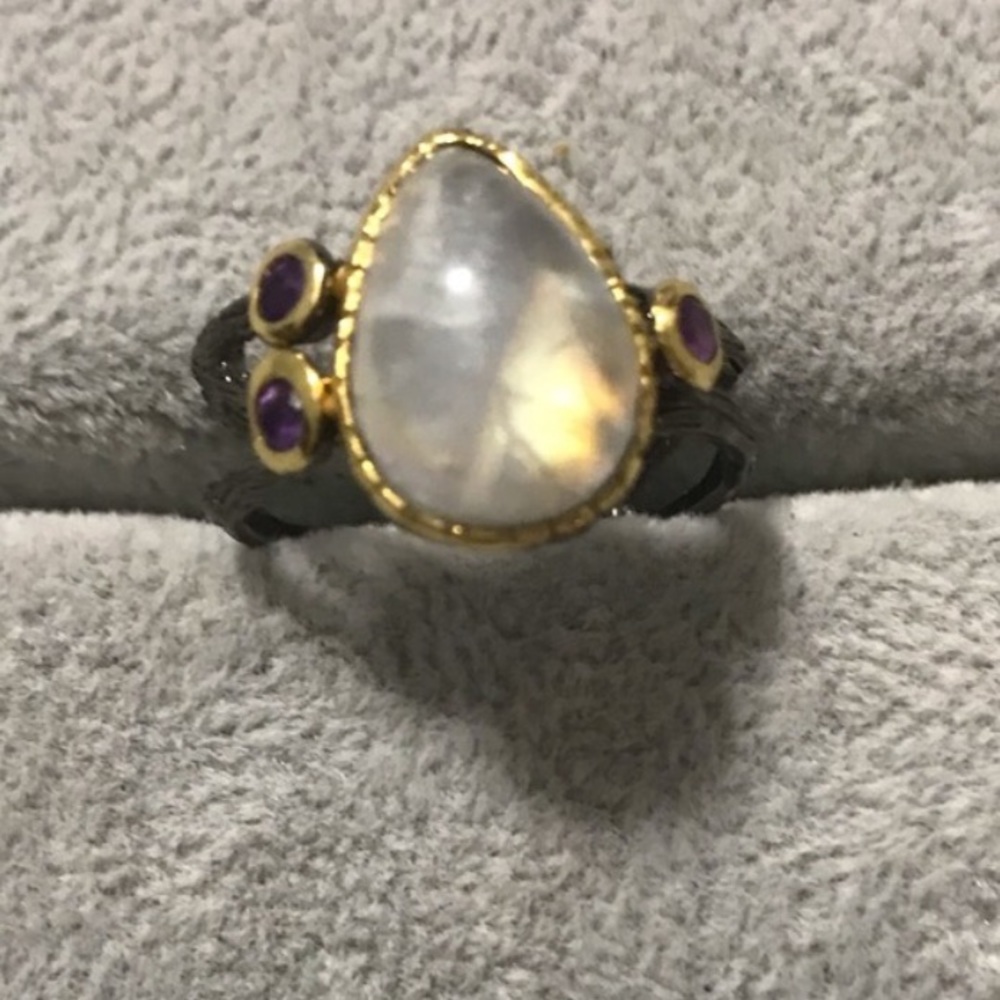 New Rhodium Plated Sterling Silver Artisan OOAK Moonstone Ring Size 8.25-8.5